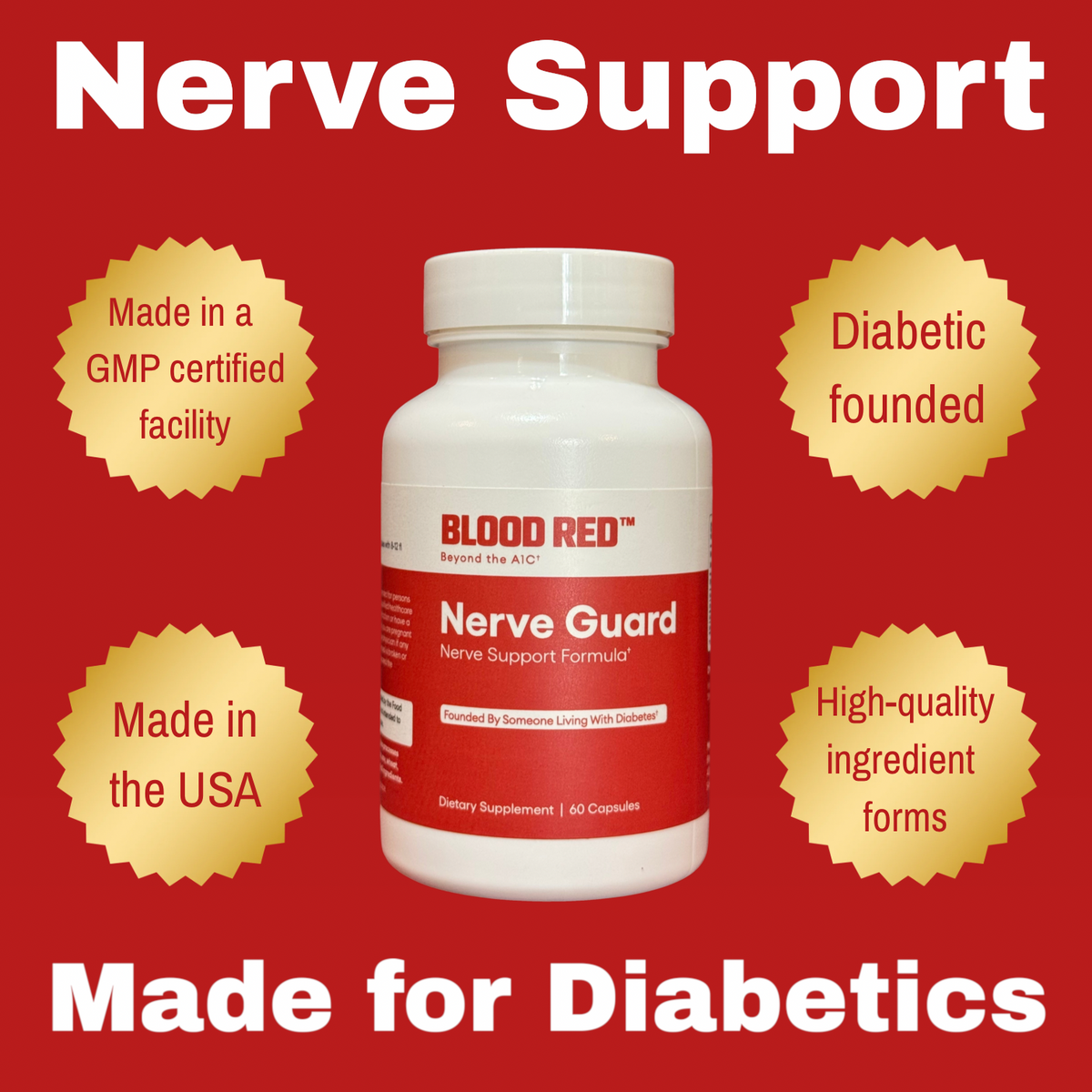 Nerve support supplement for diabetics. Blood Red Nerve Guard front view.